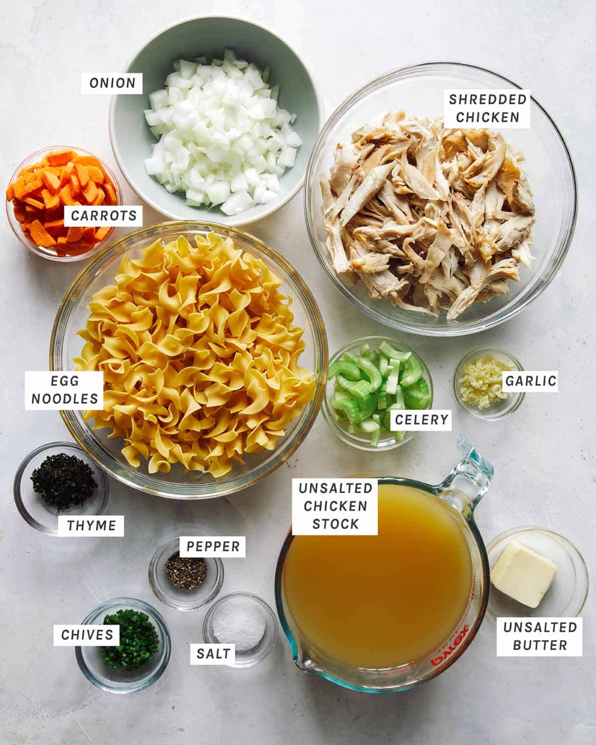 Chicken noodle soup ingredients all measured out. 