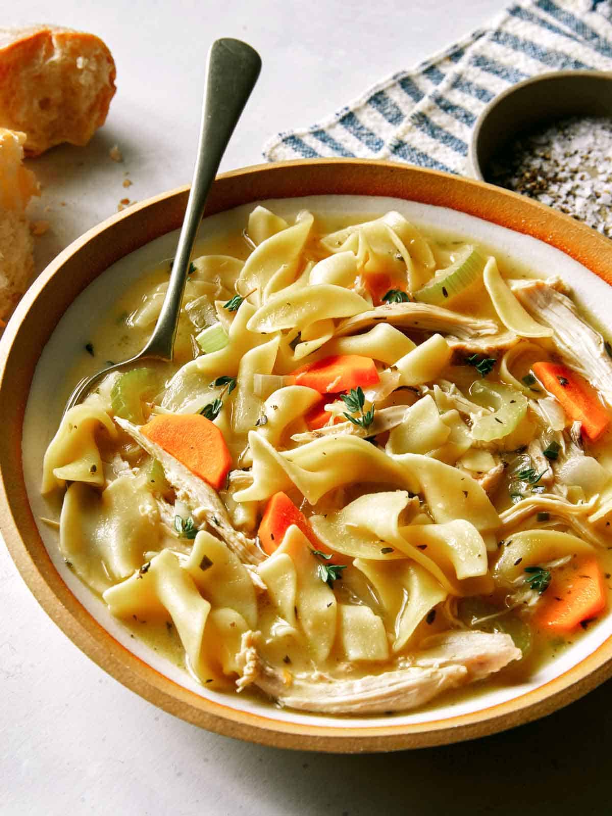 Chicken noodle soup recipe in a bowl. 