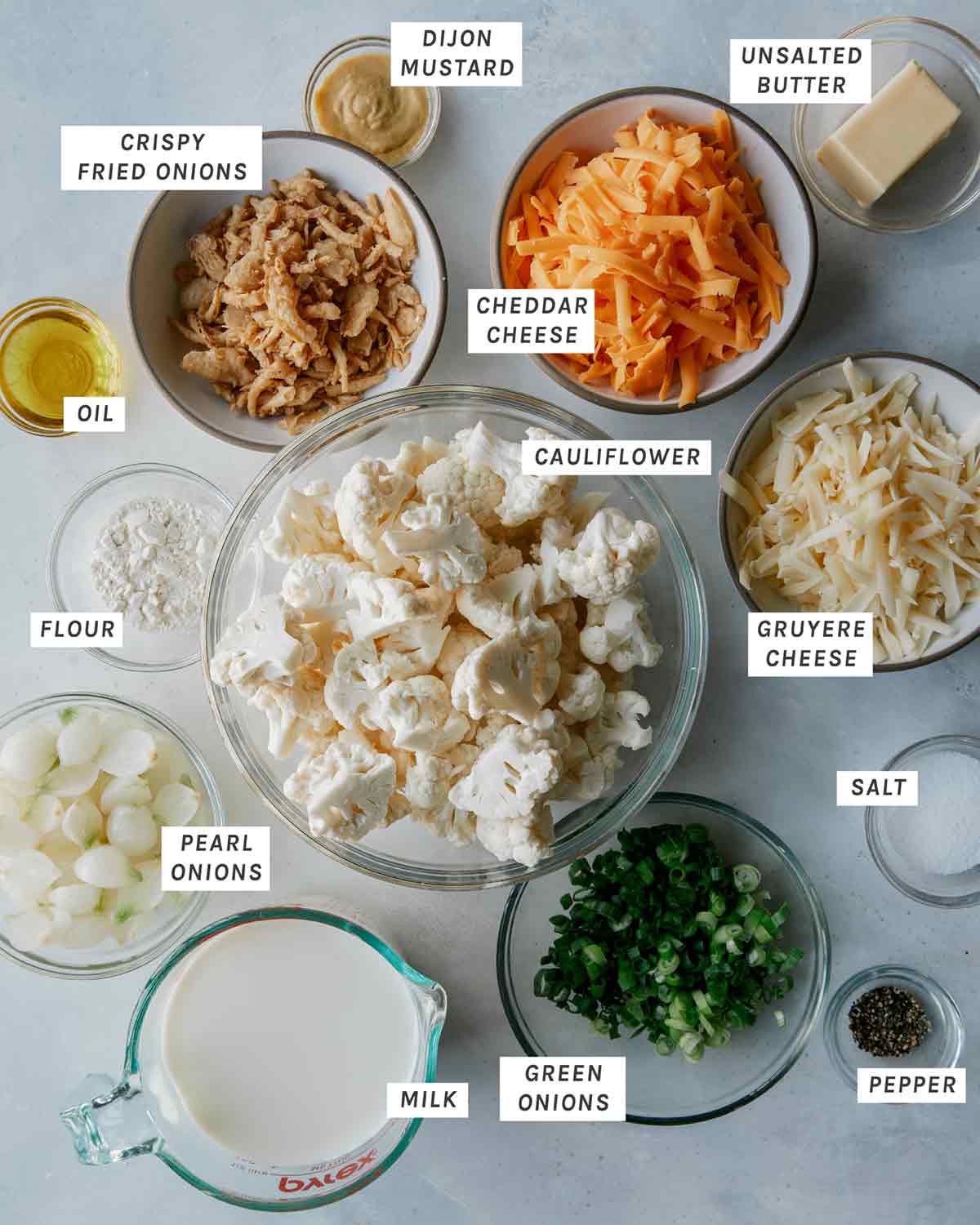 Creamy baked cauliflower ingredients all measured out.