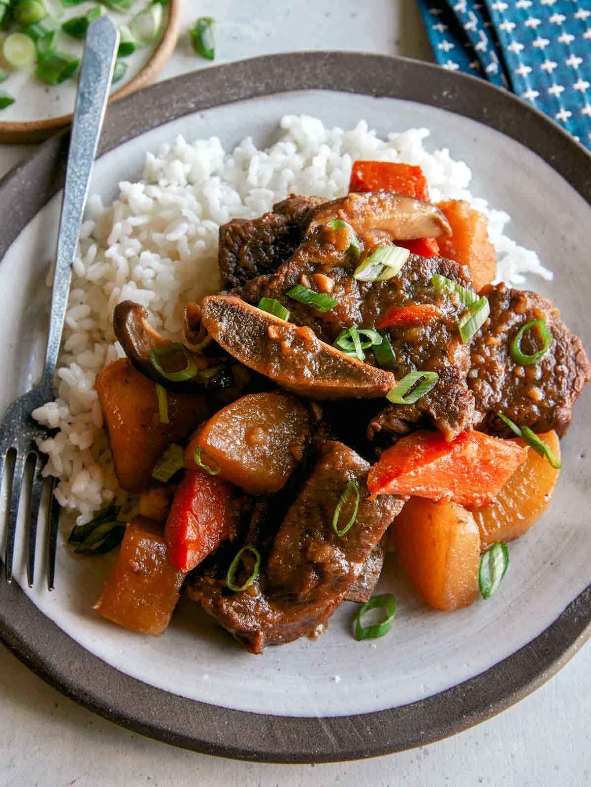 Galbi Jjim recipe served over rice with green onions.