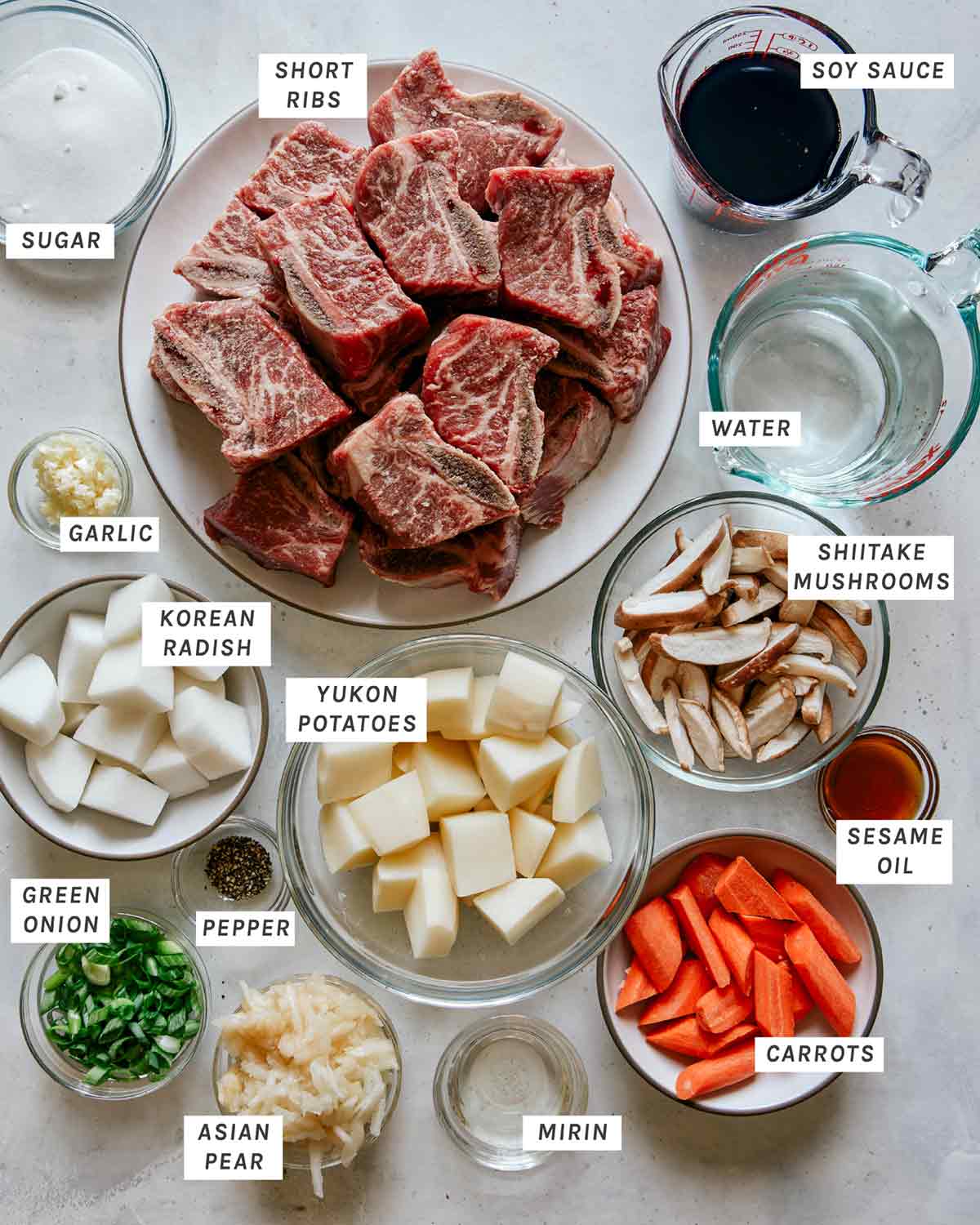 Ingredients to make Galbi Jjim recipe all laid out. 