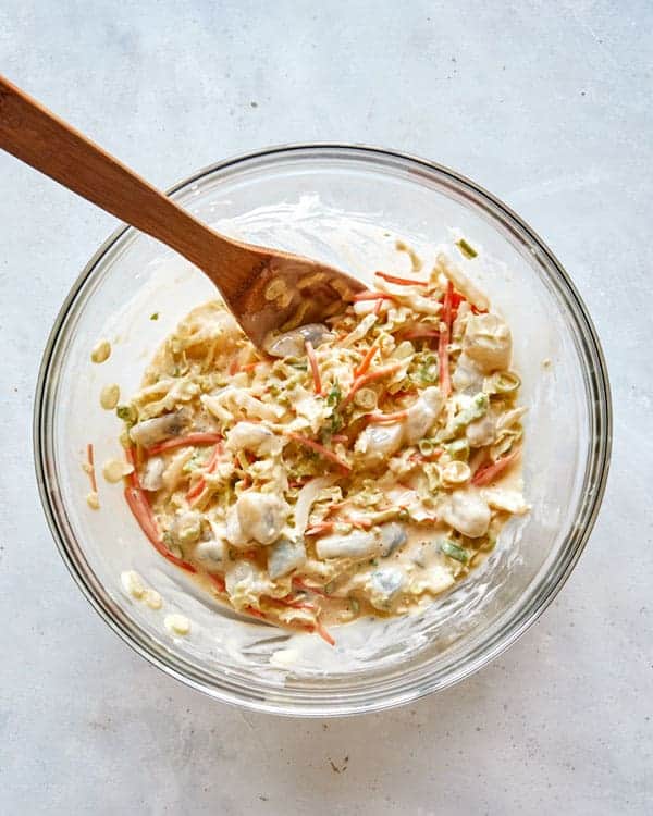Shrimp okonomiyaki batter in a glass bowl.