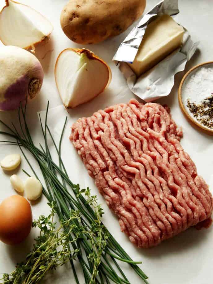 Ingredients all laid out to make pork pasties. 