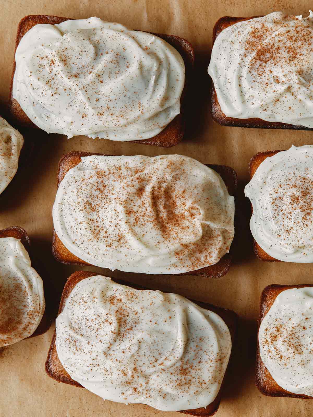 Pumpkin bars overhead to show off cream cheese frosting.