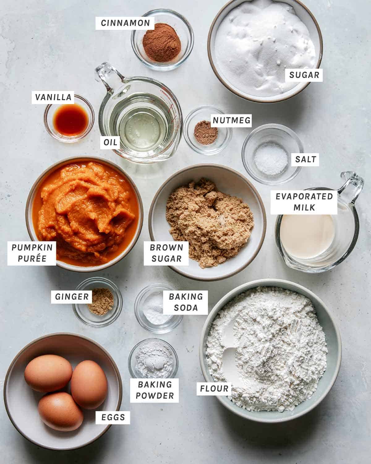 Pumpkin bar ingredients all laid out ready to bake.