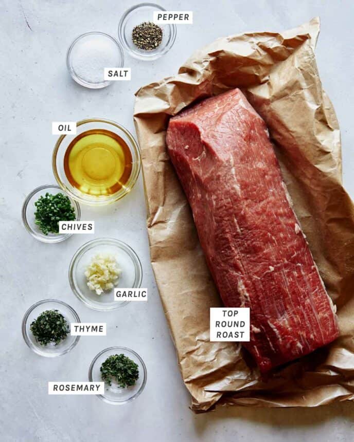 Roast beef ingredients all laid out on a kitchen counter.