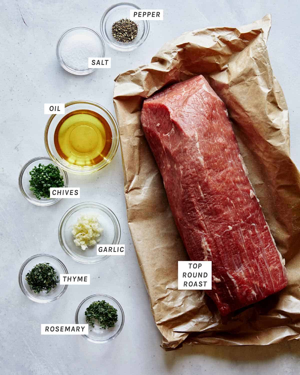 Roast beef ingredients all laid out on a kitchen counter. 