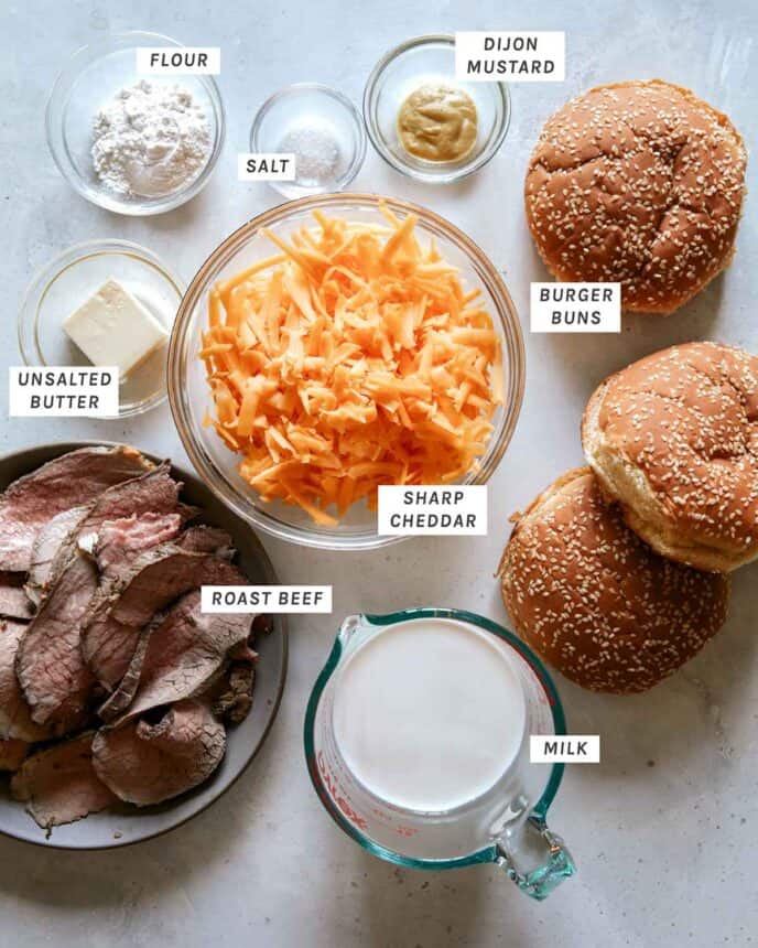 Ingredients to make a roast beef sandwich with cheese. 