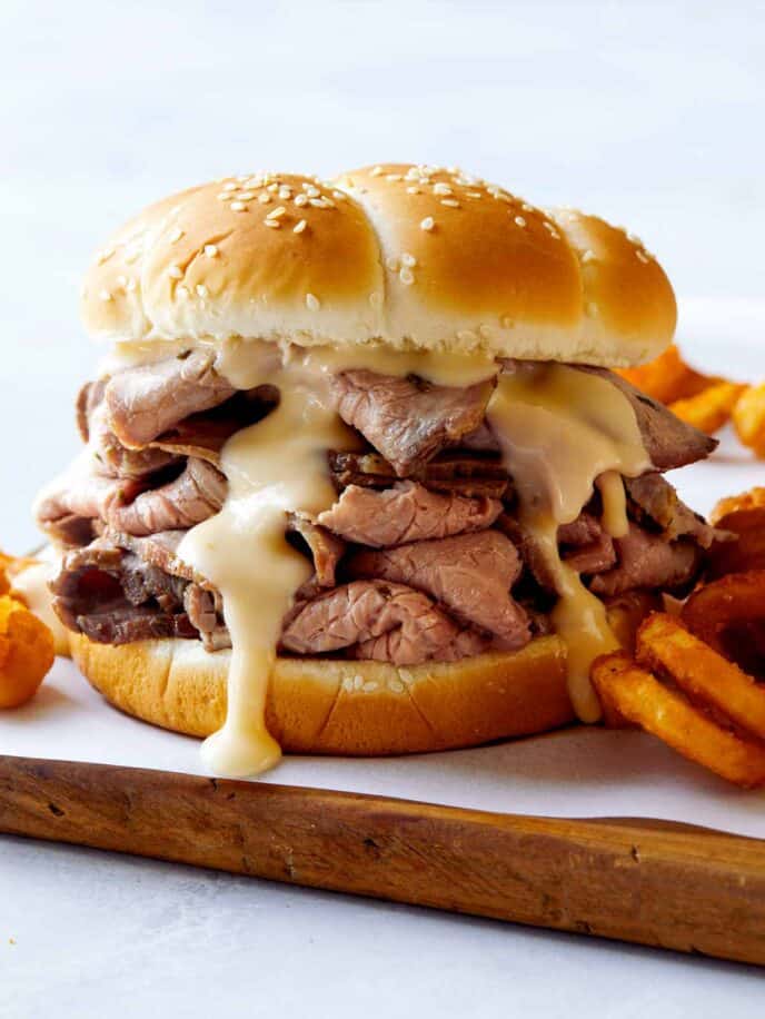 Roast beef sandwich recipe with fries on the side.