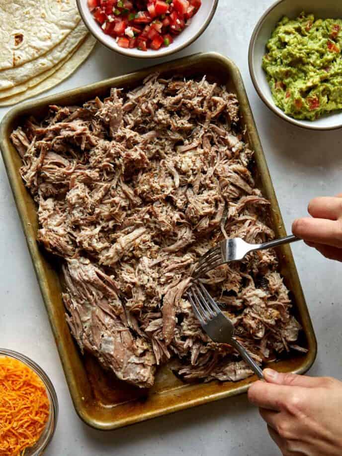 Shredding pork on a baking sheet for carnitas.