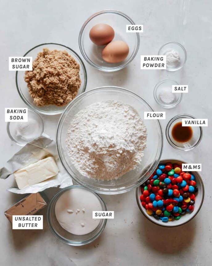 M&M ingredients all laid out on a kitchen counter. 