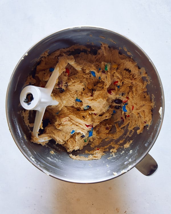 M&M cookie dough in a bowl. 