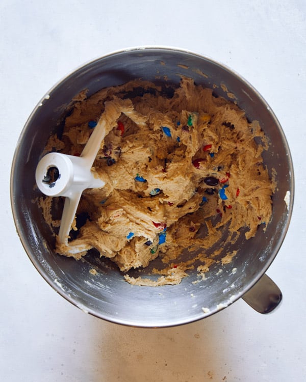 M&M cookie dough in a bowl.