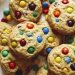 Close up on M&M Cookies on a plate.