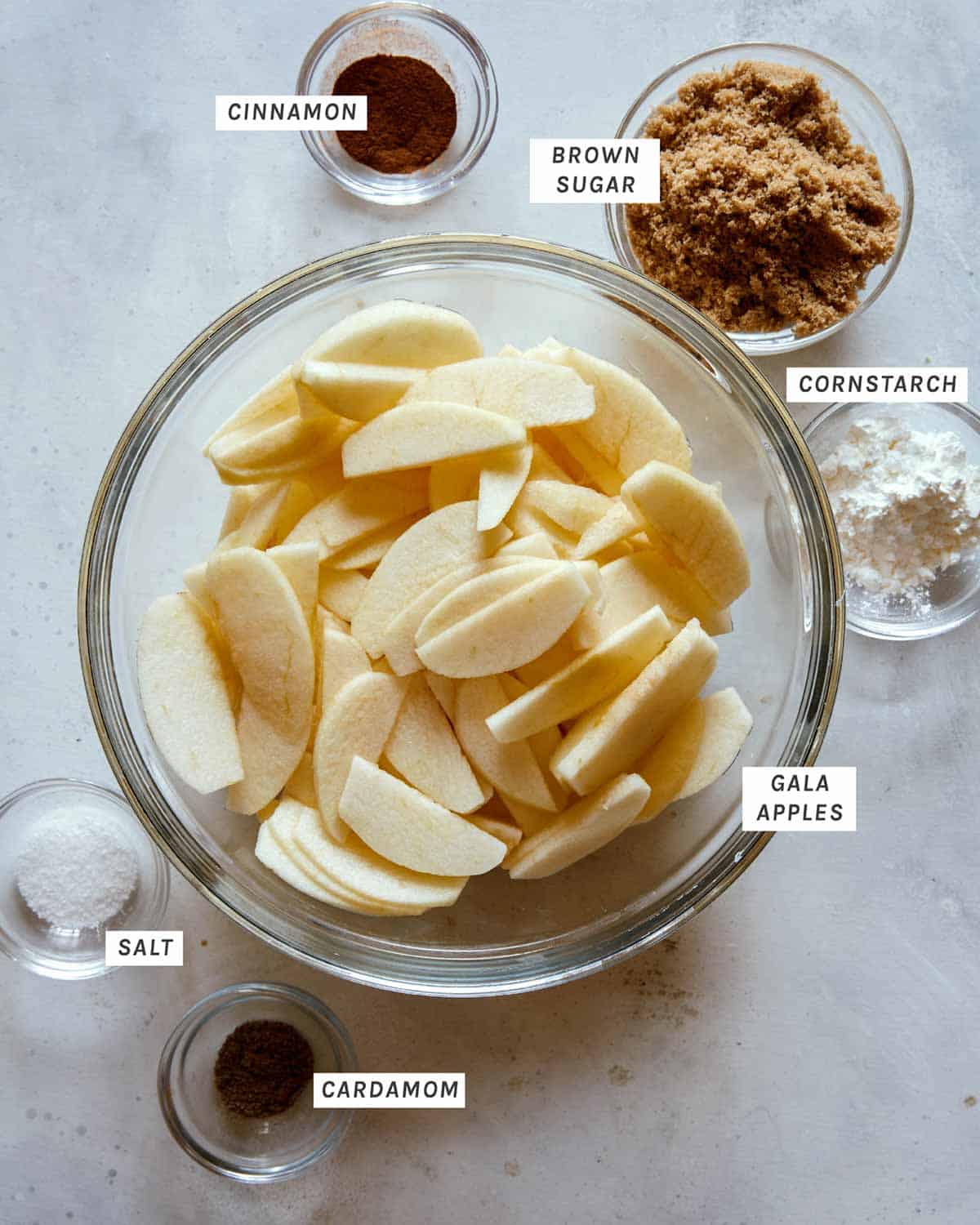 Ingredients for an apple filling for apple crisp. 