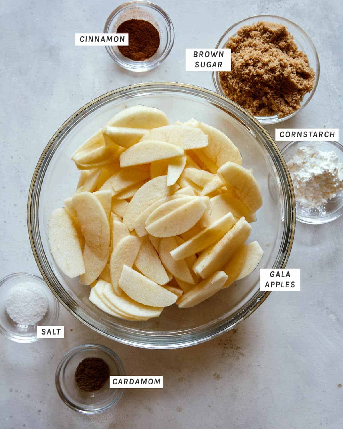 Ingredients for an apple filling for apple crisp.