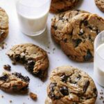 Brown butter chocolate chip cookies with milk.