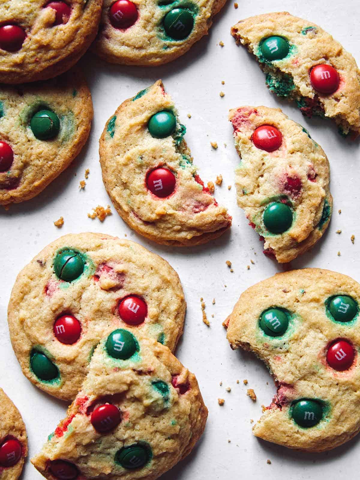 M&M Cookies for Christmas using red and green M&M candies. 