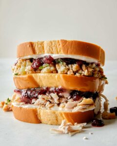 A leftover Thanksgiving sandwich with a moist maker.