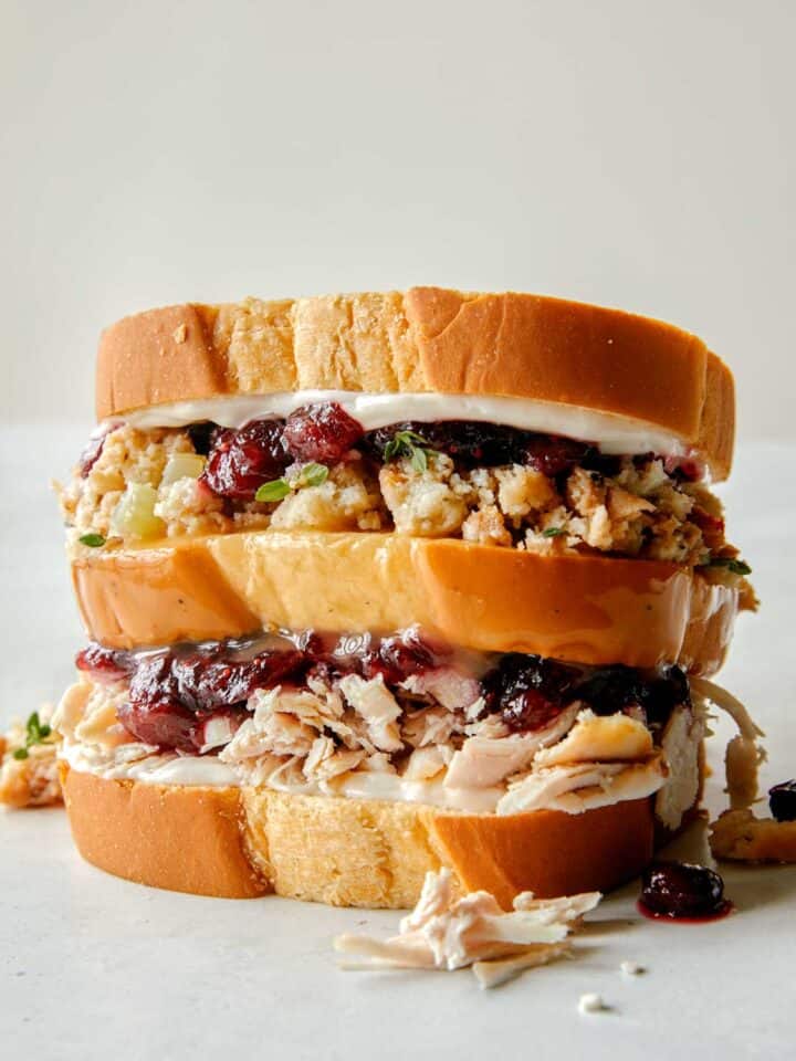 A leftover Thanksgiving sandwich with a moist maker.