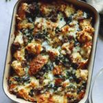 Sausage strata in a baking dish.