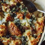 Sausage strata in a baking dish up close.