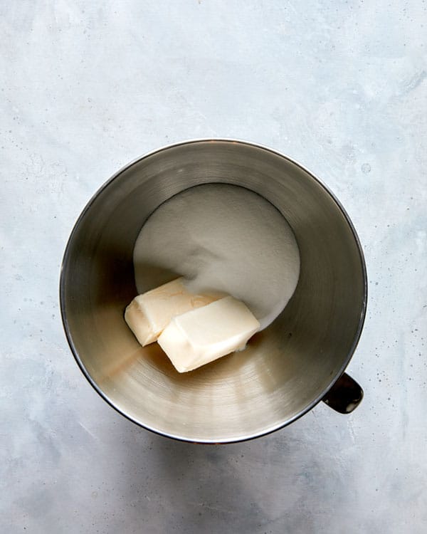 Sugar and butter in a bowl for snickerdoodle cookies.