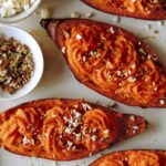 Twice baked sweet potatoes with feta and nuts.