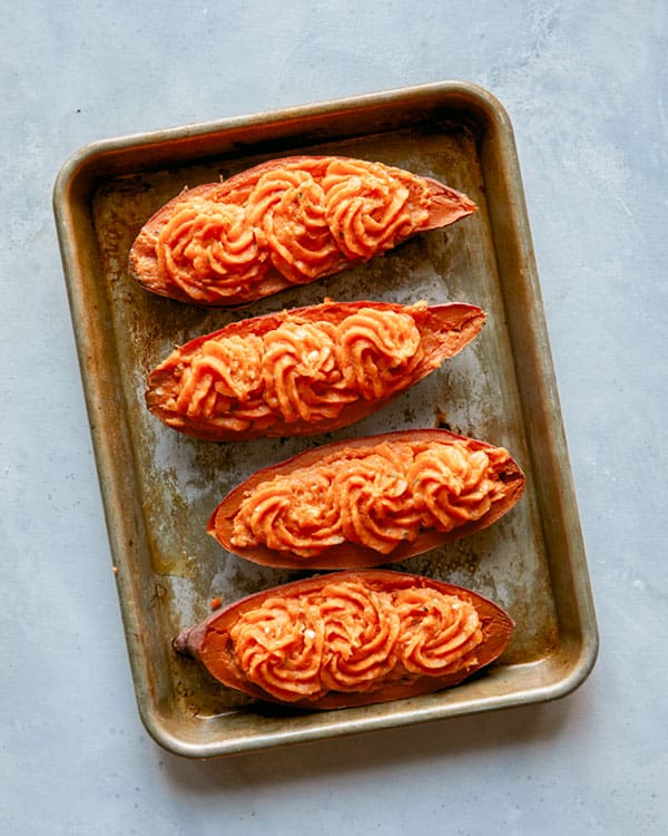 Twice baked sweet potatoes ready to be baked. 