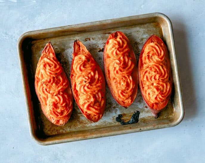 Twice baked sweet potatoes fresh out of the oven.