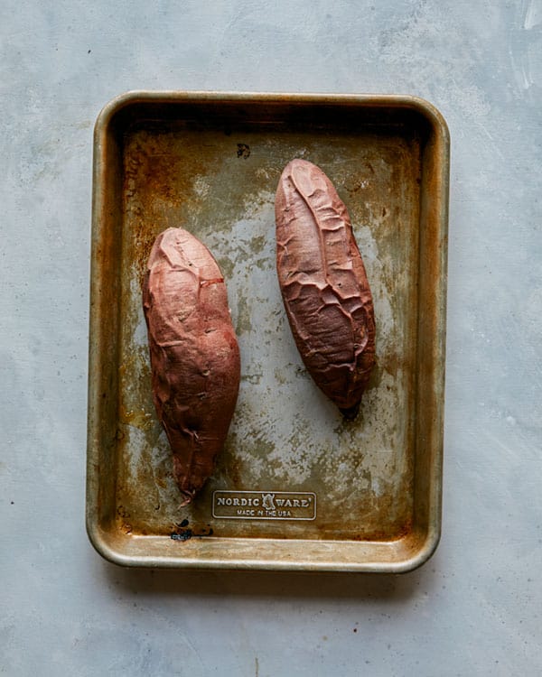 Roasted sweet potatoes on a baking sheet. 