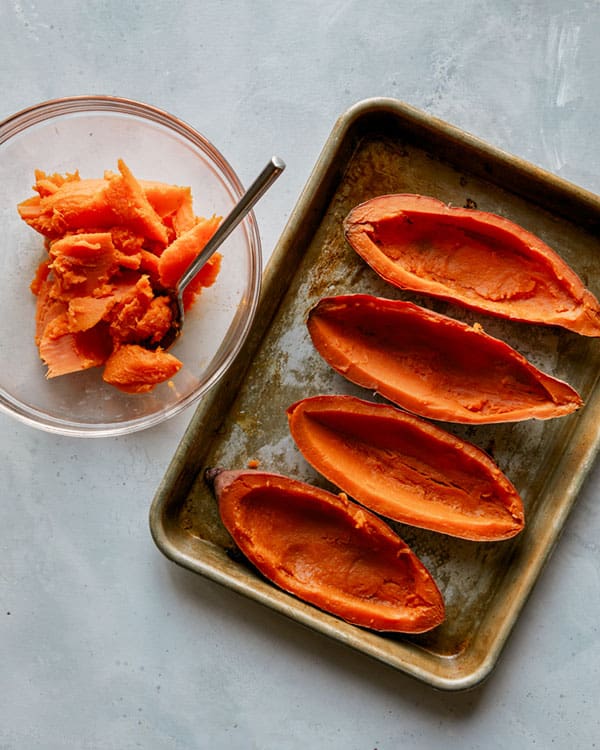 Twice baked sweet potatoes with flesh removed.