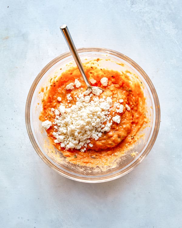 Twice baked sweet potato filling with feta in a bowl. 