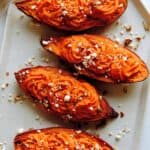 Twice baked sweet potatoes prepared and put on a platter.