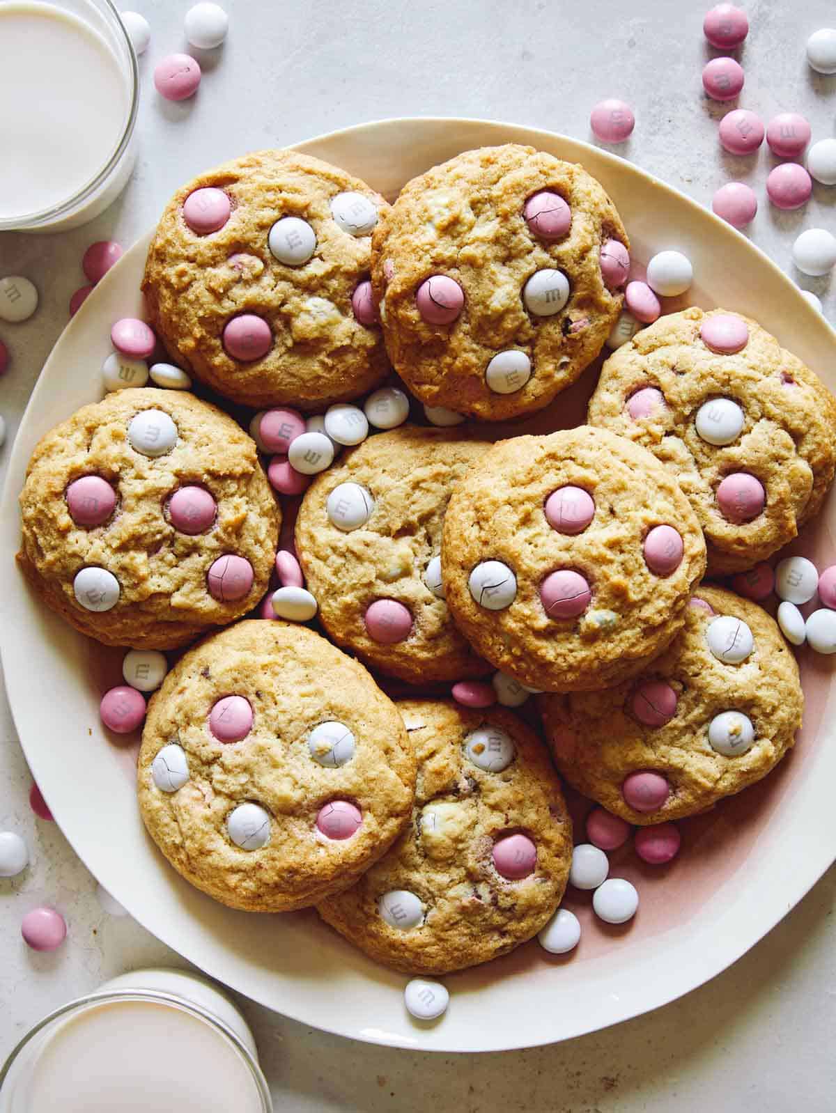 Valentines day M&M Cookies on a plate.