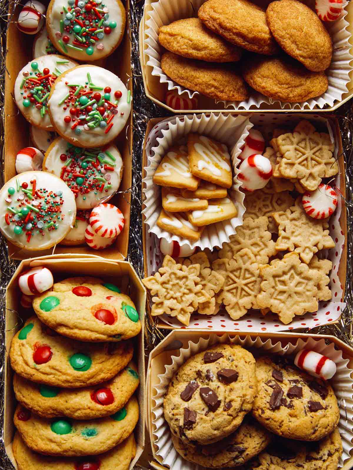 Close up on a box of Christmas cookies.