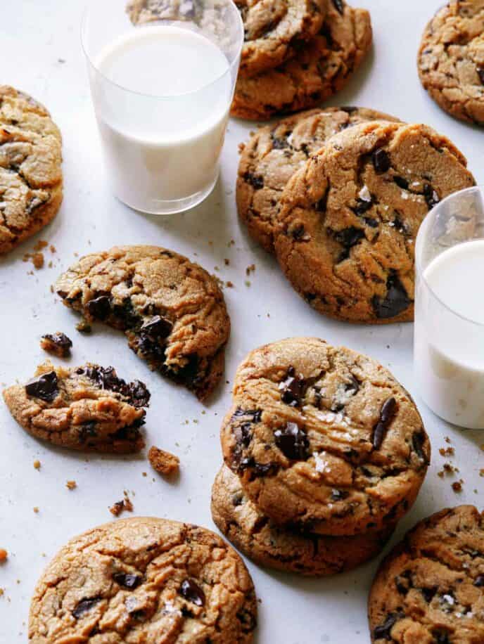 Brown butter chocolate chip cookies with milk.