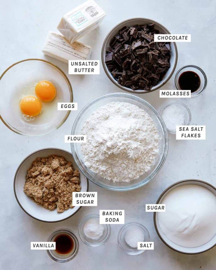 Ingredients to make brown butter chocolate chip cookies. 