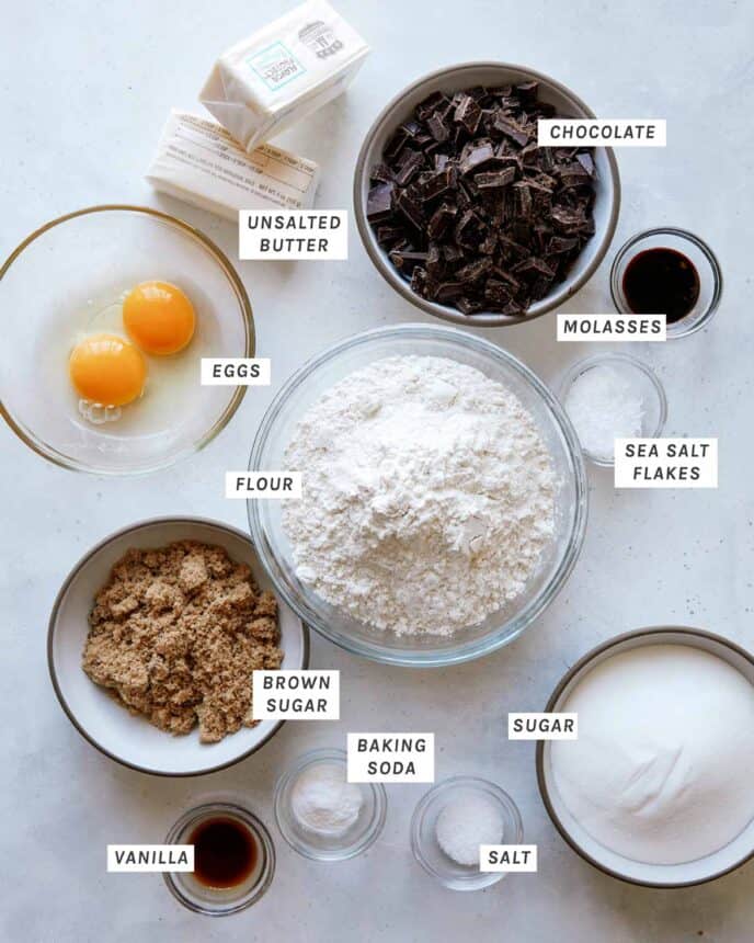 Ingredients to make brown butter chocolate chip cookies.