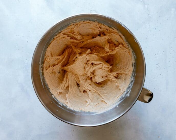 Cookie dough being made in a bowl. 