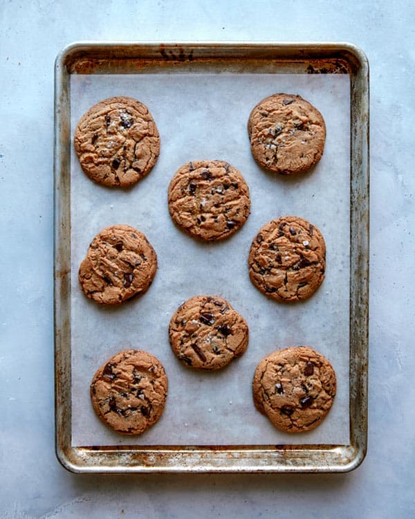 Freshly baked chocolate chip cookies on a baking sheet. 