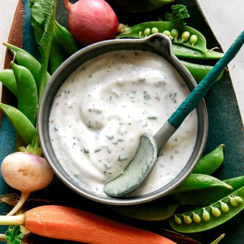 Easy homemade ranch dressing served with veggies.