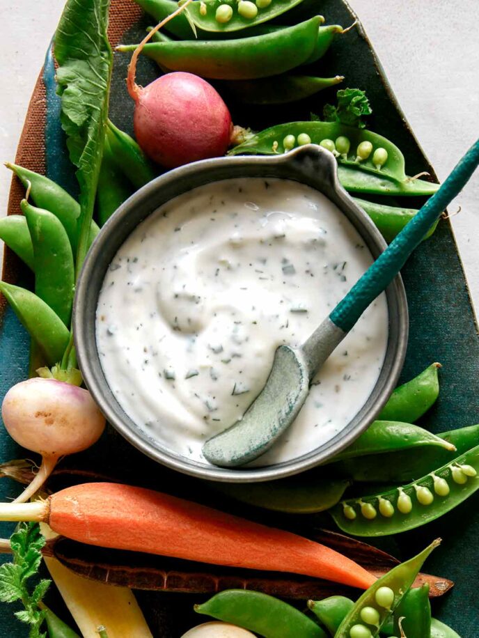 Easy homemade ranch dressing served with veggies. 