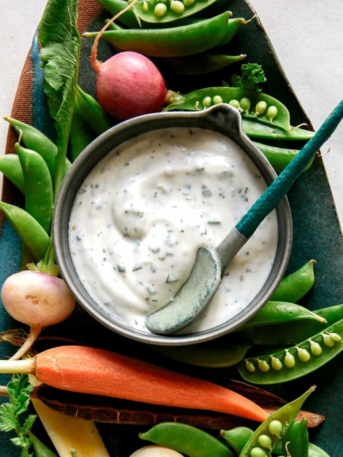 Easy homemade ranch dressing served with veggies.