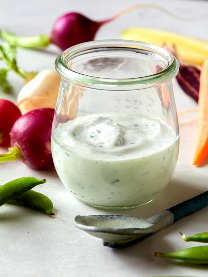 Buttermilk ranch dressing a jar. 