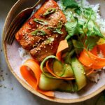 Teriyaki salmon recipe with a fork ready to eat.