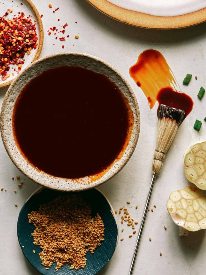 Teriyaki sauce recipe with sesame seeds on the side.