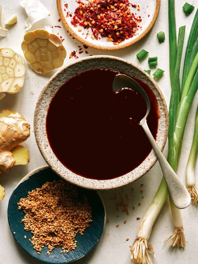 Teriyaki sauce recipe in a bowl with a spoon in it. 