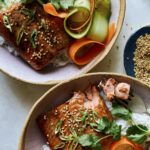Teriyaki salmon recipe with a fork ready to eat.
