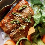 Teriyaki salmon recipe with a fork ready to eat.